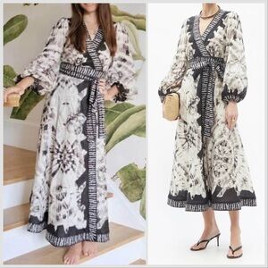 Zimmermann Black White Cream Lulu Tie-dye Linen Midi Wrap Long Dress Sz XS